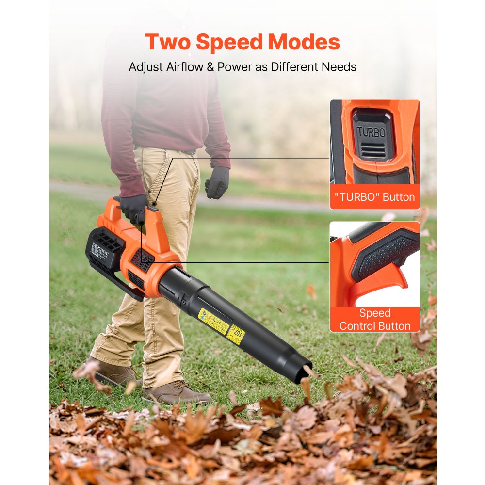 VEVOR Cordless Leaf Blower, 20V Powerful Electric Leaf Blower with 2.0Ah Battery, Fast Charging & Quiet Operation, 2 Speed Control, 450 CFM/110 MPH Lightweight Powered Blowers for Leaves Lawn Care