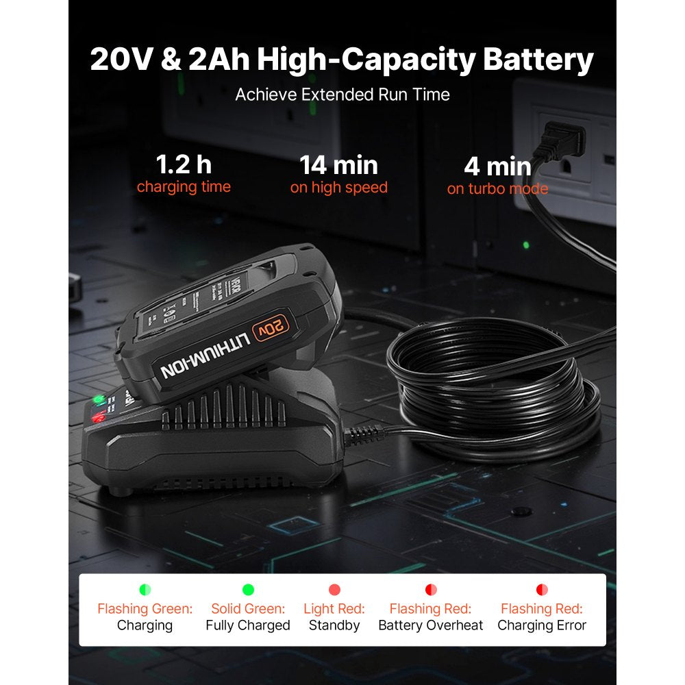 VEVOR Cordless Leaf Blower, 20V Powerful Electric Leaf Blower with 2.0Ah Battery, Fast Charging & Quiet Operation, 2 Speed Control, 450 CFM/110 MPH Lightweight Powered Blowers for Leaves Lawn Care