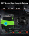 VEVOR cordless leaf blower - 60V high-capacity battery runtime and charging graphic