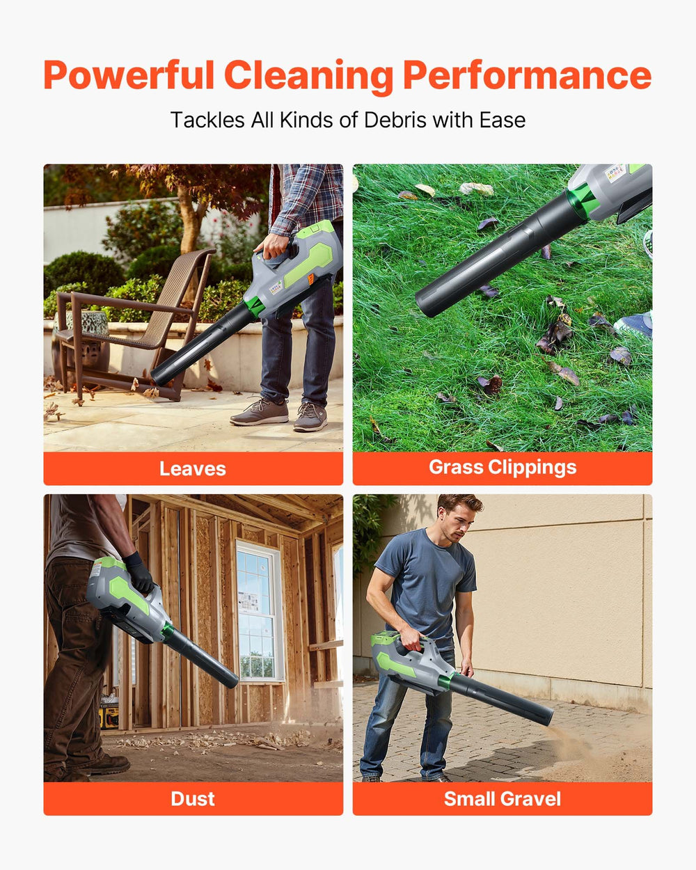 VEVOR cordless leaf blower - powerful cleaning performance use cases feature graphic