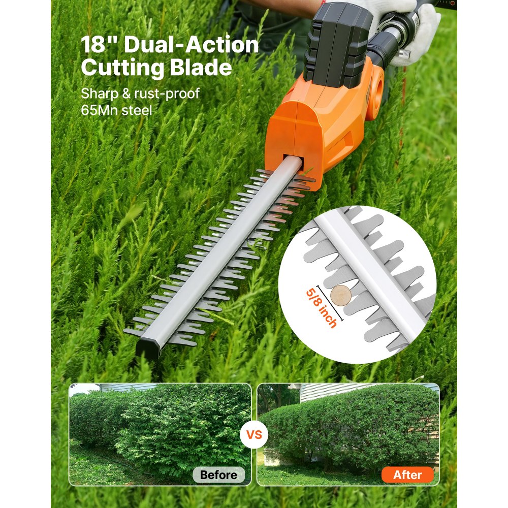 VEVOR Cordless Pole Hedge Trimmer, 20V Electric Bush Trimmer Kit with 18 Inch Double-Edged Steel Blade, 74-94 Inches Telescoping Design for High Branches (2.0Ah Battery and Fast Charger Included)