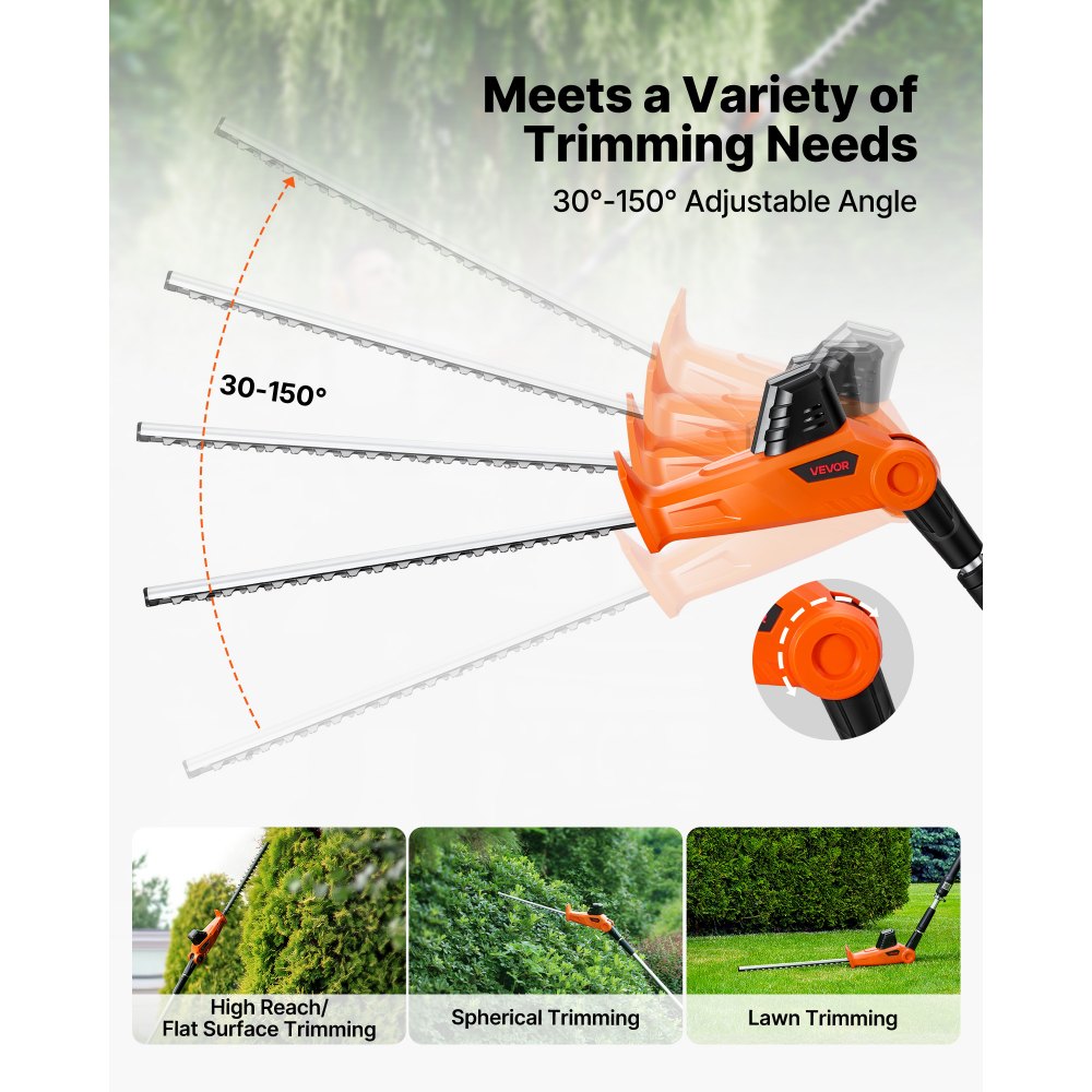 VEVOR Cordless Pole Hedge Trimmer, 20V Electric Bush Trimmer Kit with 18 Inch Double-Edged Steel Blade, 74-94 Inches Telescoping Design for High Branches (2.0Ah Battery and Fast Charger Included)