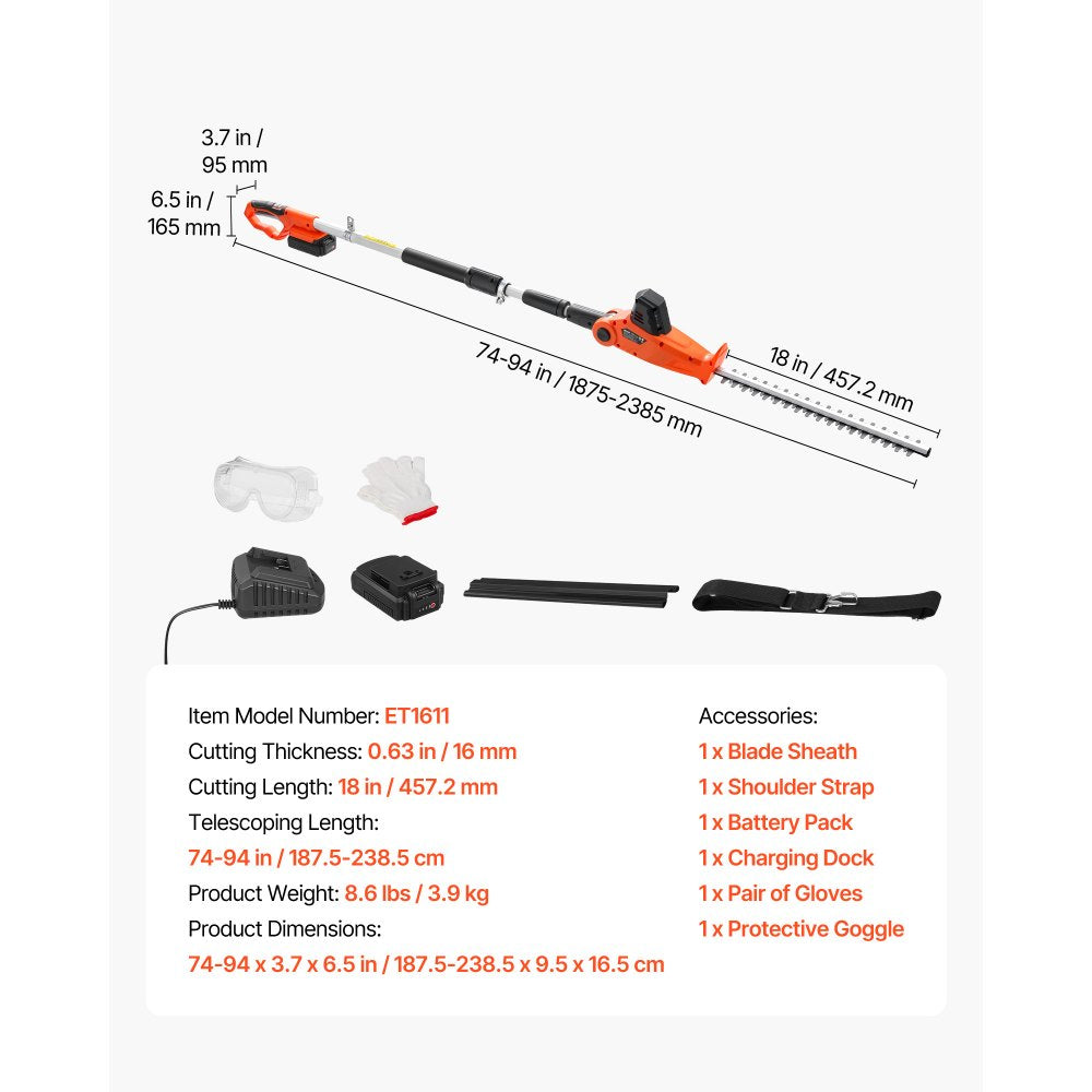 VEVOR Cordless Pole Hedge Trimmer, 20V Electric Bush Trimmer Kit with 18 Inch Double-Edged Steel Blade, 74-94 Inches Telescoping Design for High Branches (2.0Ah Battery and Fast Charger Included)