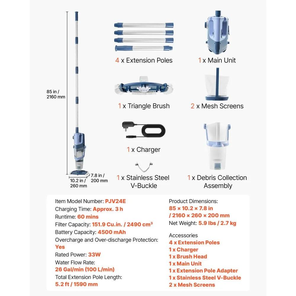 VEVOR Handheld Pool Vacuum, 26 GPM Cordless Spa Hot Tub Vacuum with Extension Pole, 60 Mins Running Time, Powerful Suction for Leaves and Debris, Rechargeable Pool Cleaner for Above Ground Pools