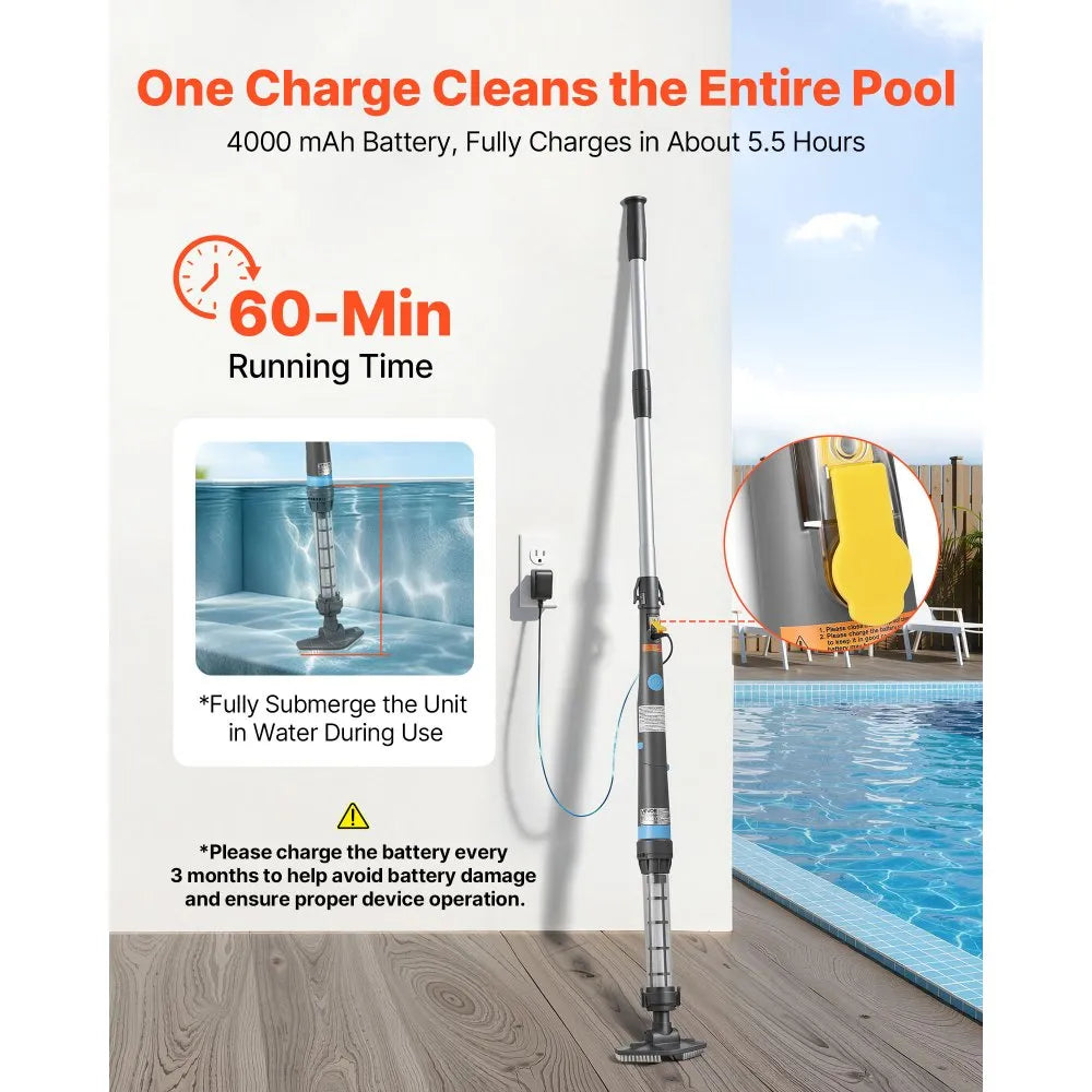 VEVOR Handheld Pool Vacuum, 8.5 GPM Cordless Spa Hot Tub Vacuum with Extension Pole and 2 Brush Heads, 60 Mins Running Time, for Small Debris, Sand, Rechargeable Pool Cleaner for Above Ground Pools