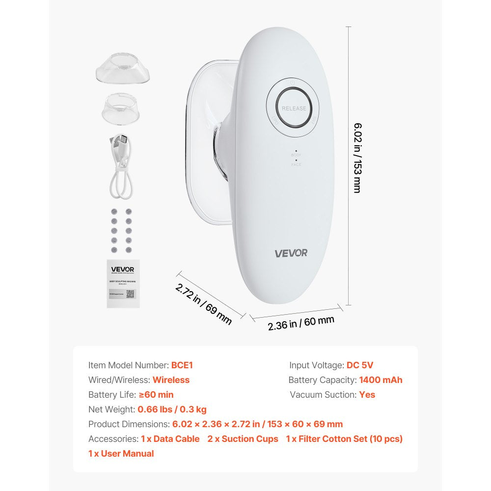 VEVOR Body Sculpting Machine, 3-in-1 Electric Cellulite Massager with 3 Adjustable Functional Modes, Skin Tightening Cupping Therapy Tool with 60 Min Wireless Use, for Back, Belly, Waist, Arms, Legs