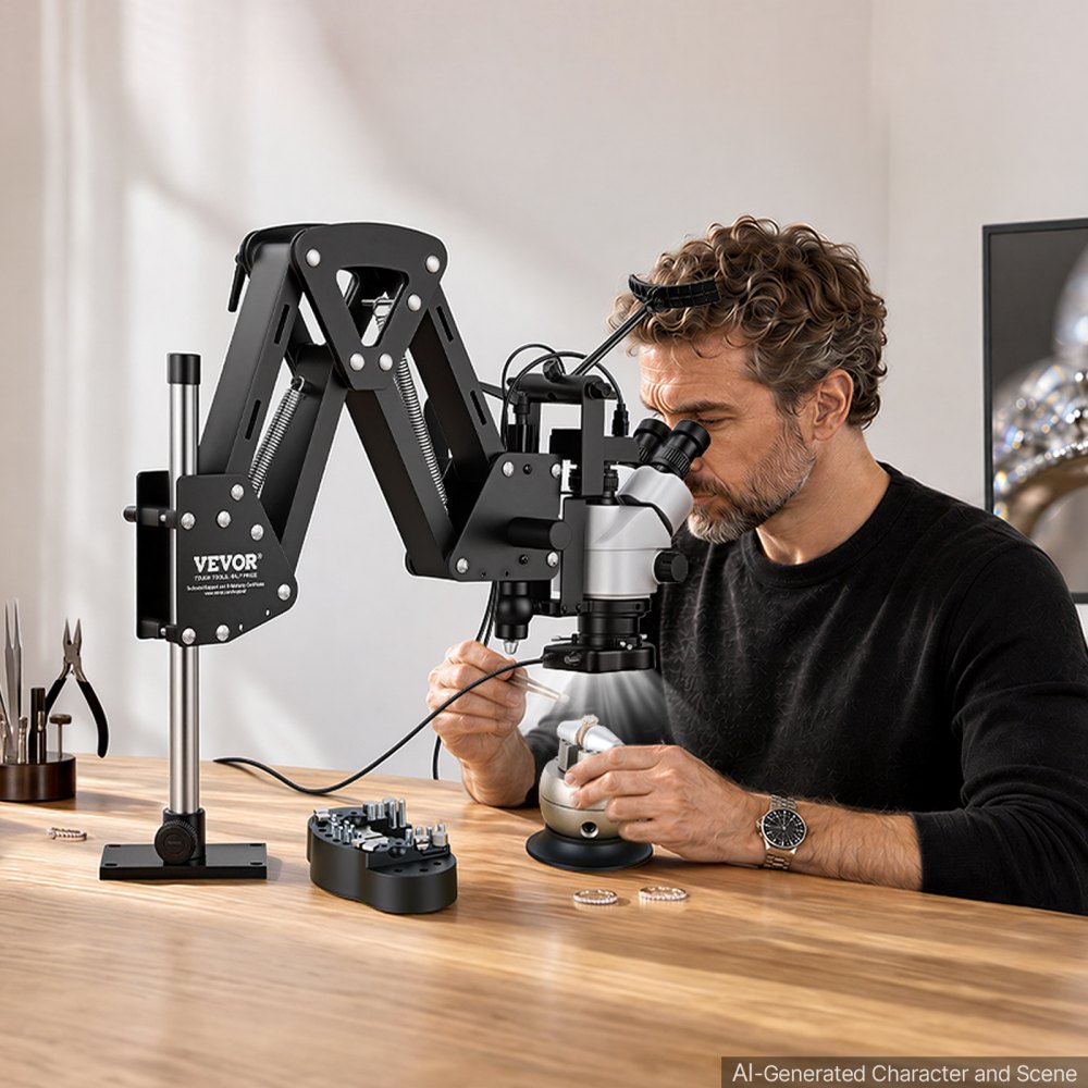 VEVOR Multi-Directional Microscope with Spring Bracket Universal Ball Vise, for Diamond Setting Jewelry Making Engraving, 7X-45X Continuous Magnification, Micro Inlaid Mirror with Adjustable LED Light