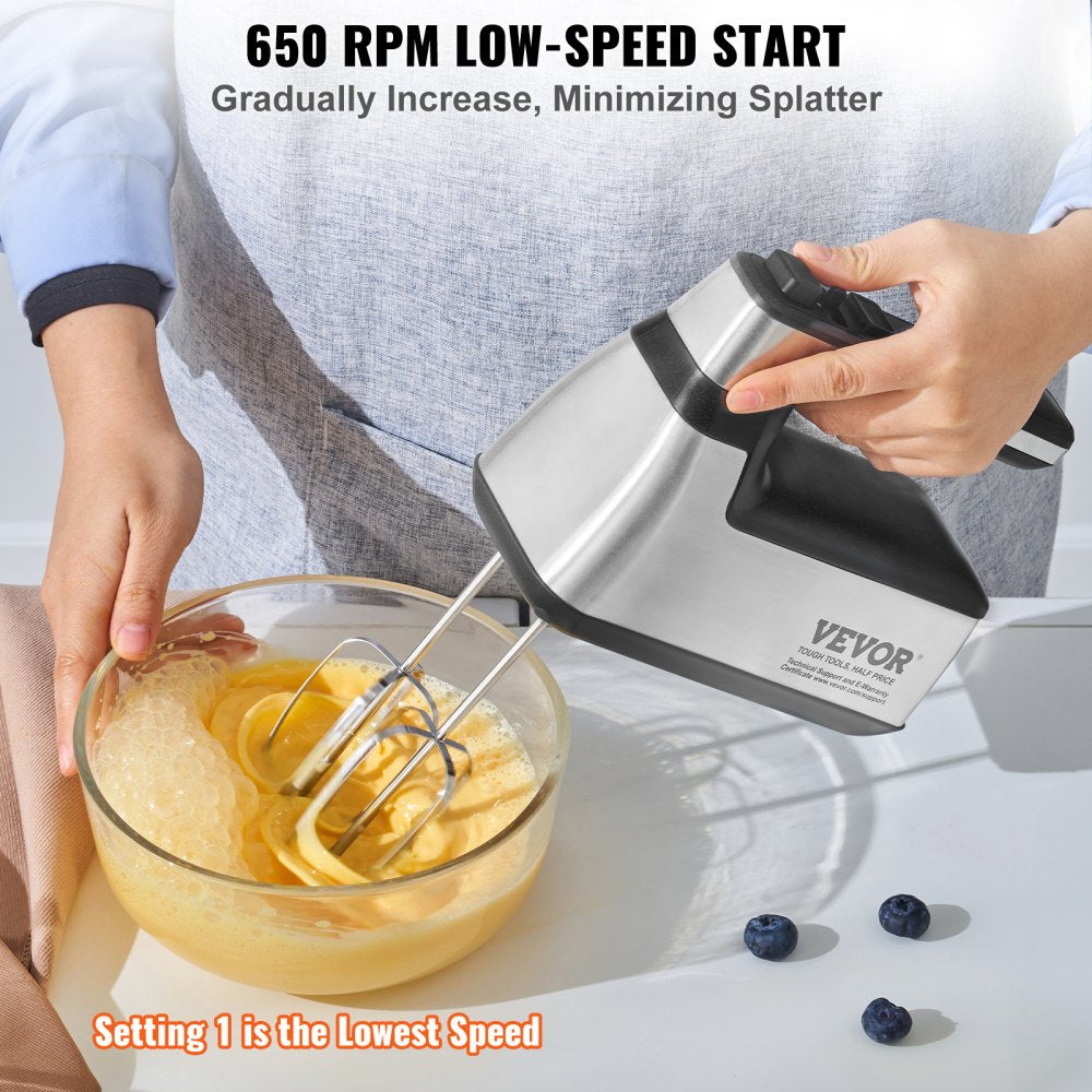 VEVOR Cordless Electric Hand Mixer, 100W, Continuously Variable Electric Handheld Mixer, with Turbo Boost Beaters Dough Hooks Storage Bag, Baking Supplies for Whipping Mixing Egg Cookie Cake Cream