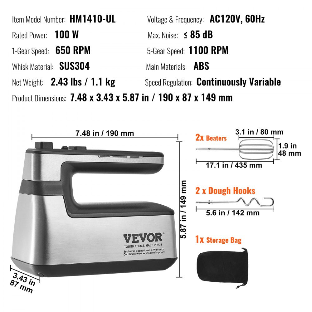 VEVOR Cordless Electric Hand Mixer, 100W, Continuously Variable Electric Handheld Mixer, with Turbo Boost Beaters Dough Hooks Storage Bag, Baking Supplies for Whipping Mixing Egg Cookie Cake Cream
