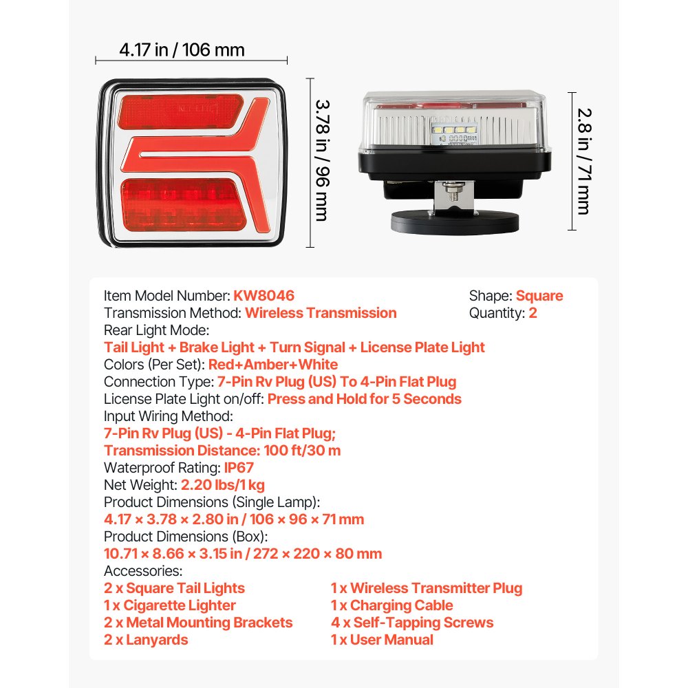 VEVOR Trailer Lights, 2PCS 12V Square LED Magnetic Wireless Trailer Tail Lights Kit with Stop Brake Turn Tail License Plate Lamp, Waterproof Tow Lighting Kit for Boat Truck Camper RV Tractor Caravan