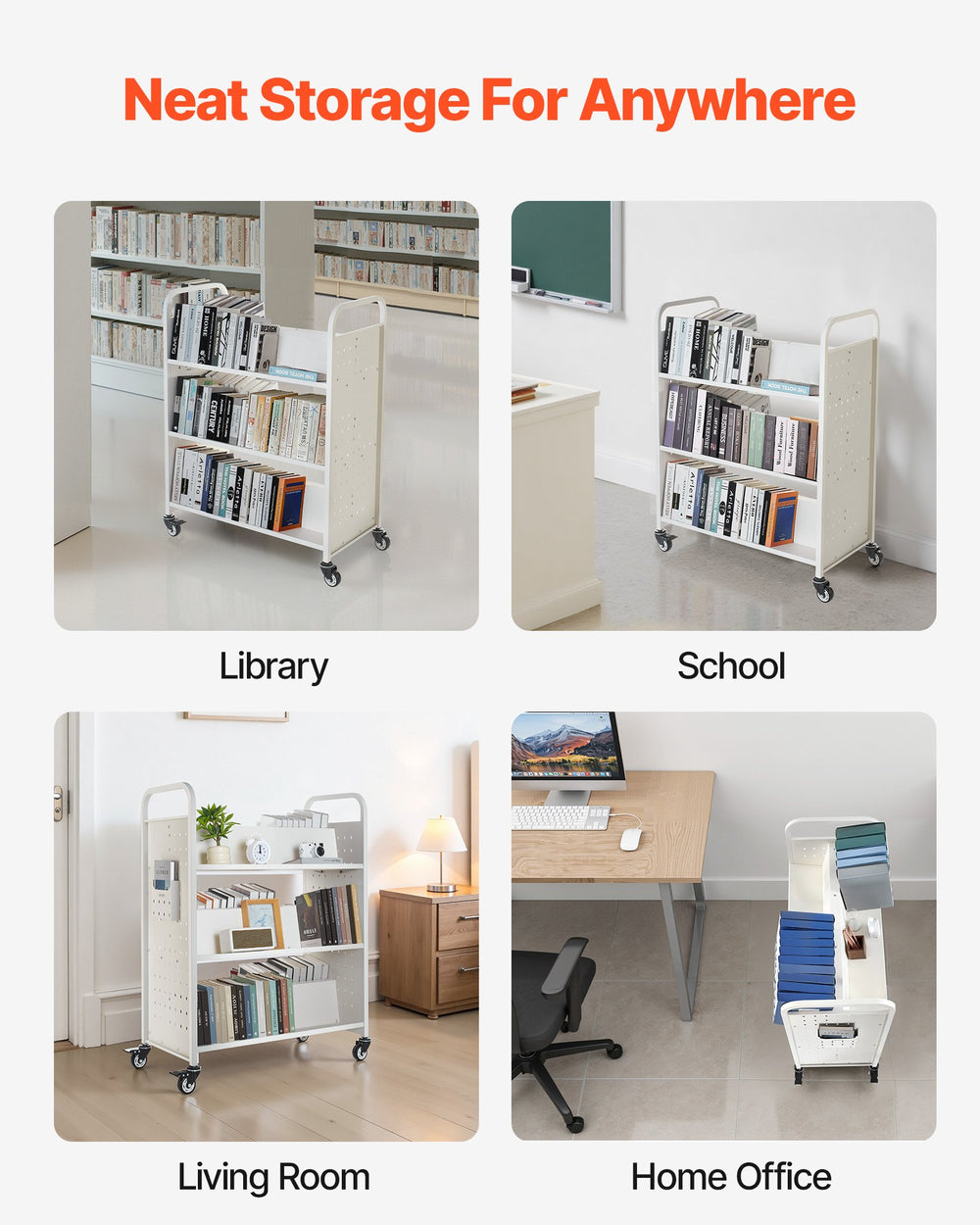 VEVOR Rolling Library Book Cart, 330 lbs Capacity, 38.2 x 20.3 x 48.2-Inch Library Cart, Double Sided W-Shaped Shelves with 3-Inch Lockable Wheels, Book Truck for Home Shelves Office and School, White