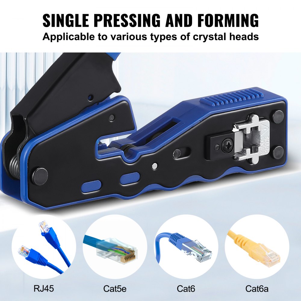 VEVOR RJ45 Crimp Tool Kit, Cat5e/Cat6/Cat6a Pass Through Ethernet Crimper for 8P8C Modular Plugs with 20pcs Connectors and 20pcs Covers, Wire Stripper and Network Tester