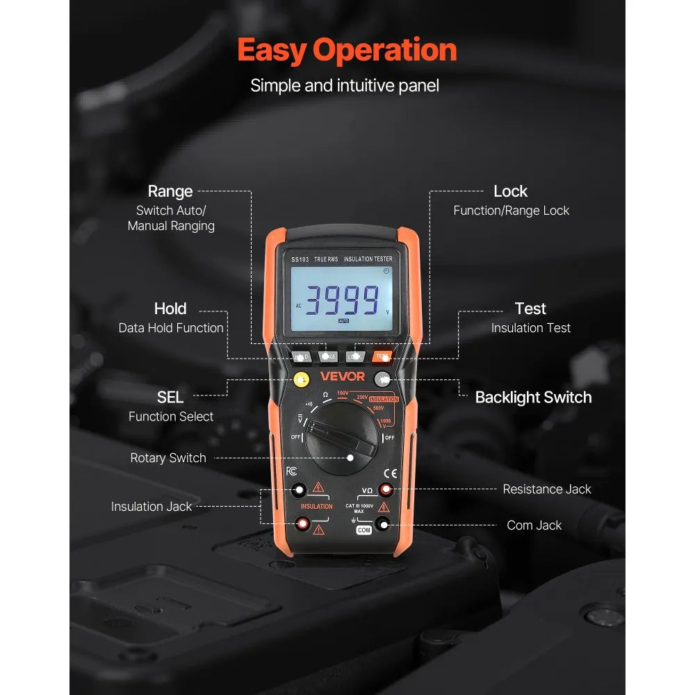 VEVOR Digital Multimeter, 4000-Count TRMS Voltmeter Ohmmeter, 1000V AC/DC Voltage Tester with Switchable Auto/Manual Range for Voltage, Resistance, and Continuity Measurment