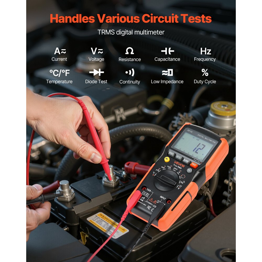 VEVOR Digital Multimeter, 6000-Count TRMS DC/AC Voltmeter Current Tester, Auto-Ranging Multimeter for Current Voltage Resistance Capacitance Temperature Diodes Continuity Low Impedance Measurment