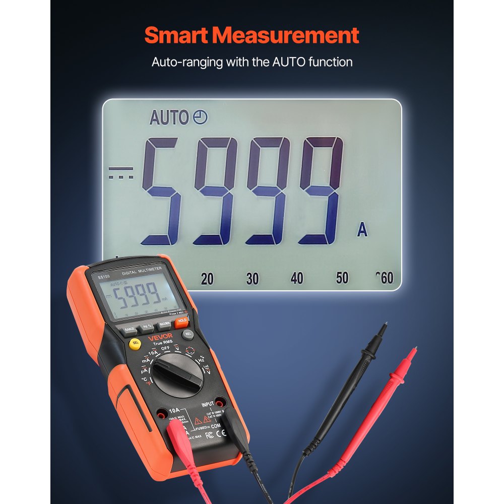VEVOR Digital Multimeter, 6000-Count TRMS DC/AC Voltmeter Current Tester, Auto-Ranging Multimeter for Current Voltage Resistance Capacitance Temperature Diodes Continuity Low Impedance Measurment