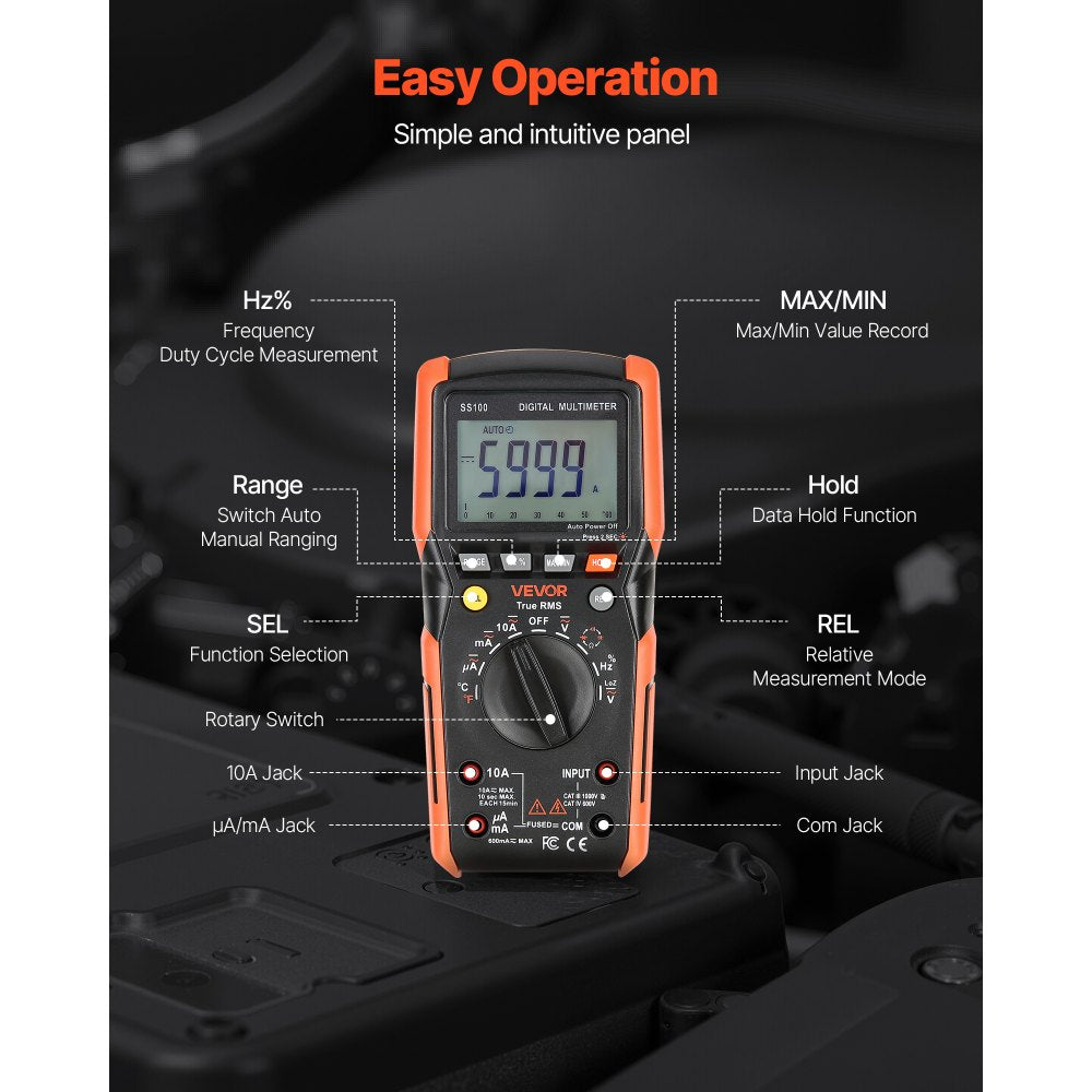 VEVOR Digital Multimeter, 6000-Count TRMS DC/AC Voltmeter Current Tester, Auto-Ranging Multimeter for Current Voltage Resistance Capacitance Temperature Diodes Continuity Low Impedance Measurment