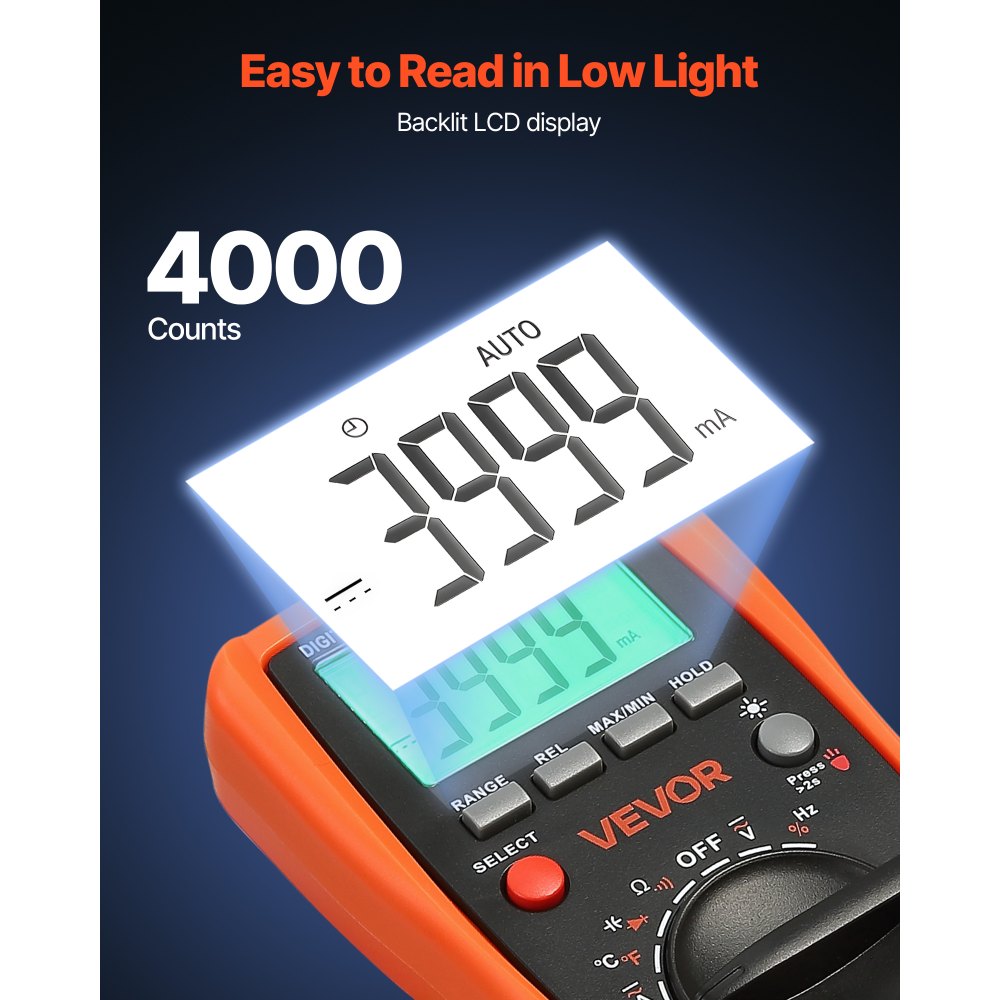 VEVOR Digital Multimeter, 4000-Count TRMS DC/AC Voltmeter Current Tester, Auto-Ranging Multimeter for Current Voltage Resistance Capacitance Temperature Diodes Continuity Duty-Cycle Measurments