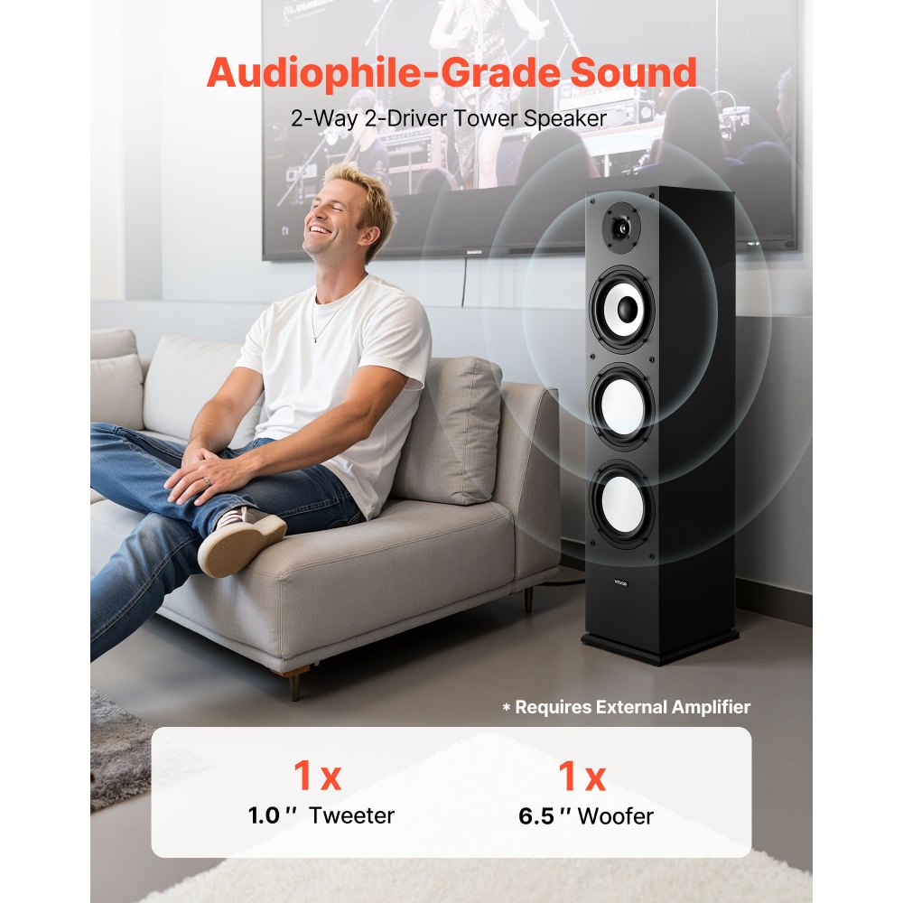 VEVOR Floorstanding Speaker, 2-Way, Floor-Standing Tower Speaker with 1-Inch Tweeter, 6.5-Inch Woofer, 200W Peak Power, 70Hz–20kHz Frequency Response, Durable MDF Enclosure, for Home Audio, Single