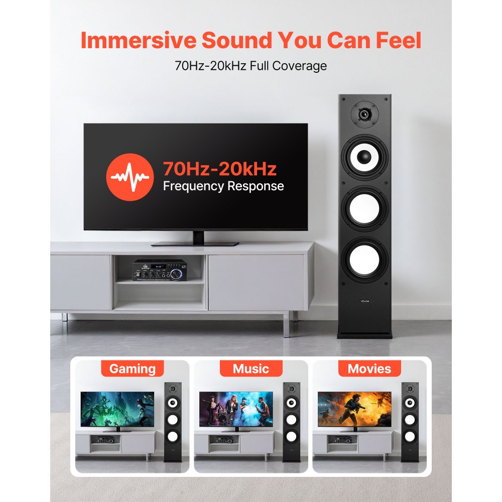 VEVOR Floorstanding Speaker, 2-Way, Floor-Standing Tower Speaker with 1-Inch Tweeter, 6.5-Inch Woofer, 200W Peak Power, 70Hz–20kHz Frequency Response, Durable MDF Enclosure, for Home Audio, Single