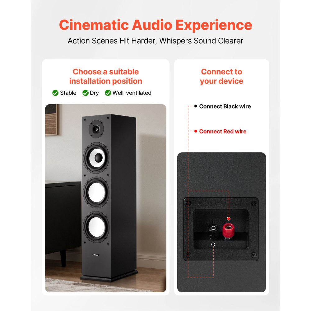 VEVOR Floorstanding Speaker, 2-Way, Floor-Standing Tower Speaker with 1-Inch Tweeter, 6.5-Inch Woofer, 200W Peak Power, 70Hz–20kHz Frequency Response, Durable MDF Enclosure, for Home Audio, Single