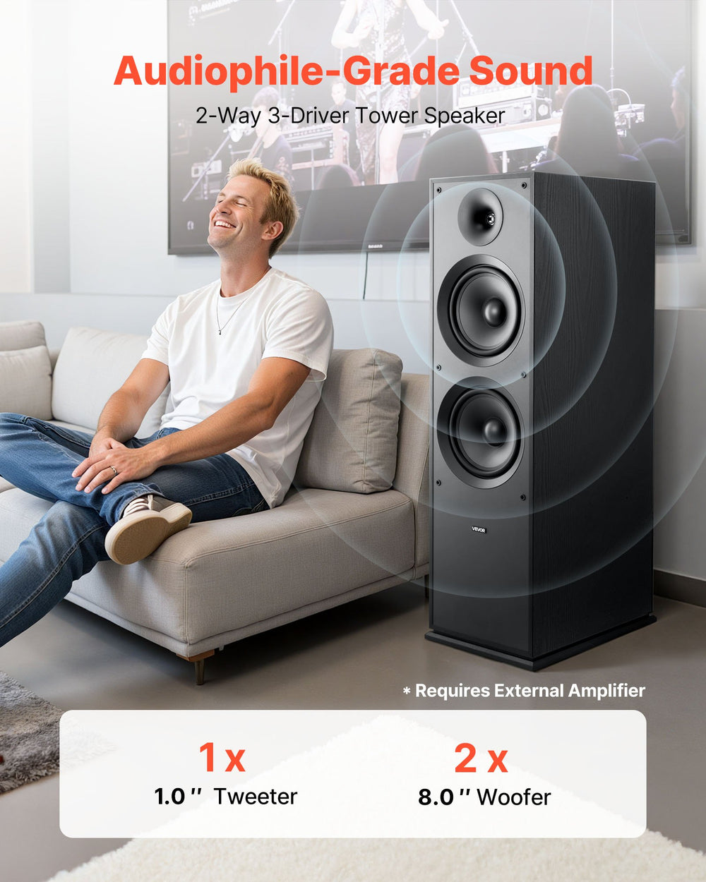 VEVOR floorstanding speaker - lifestyle image (audiophile-grade sound)