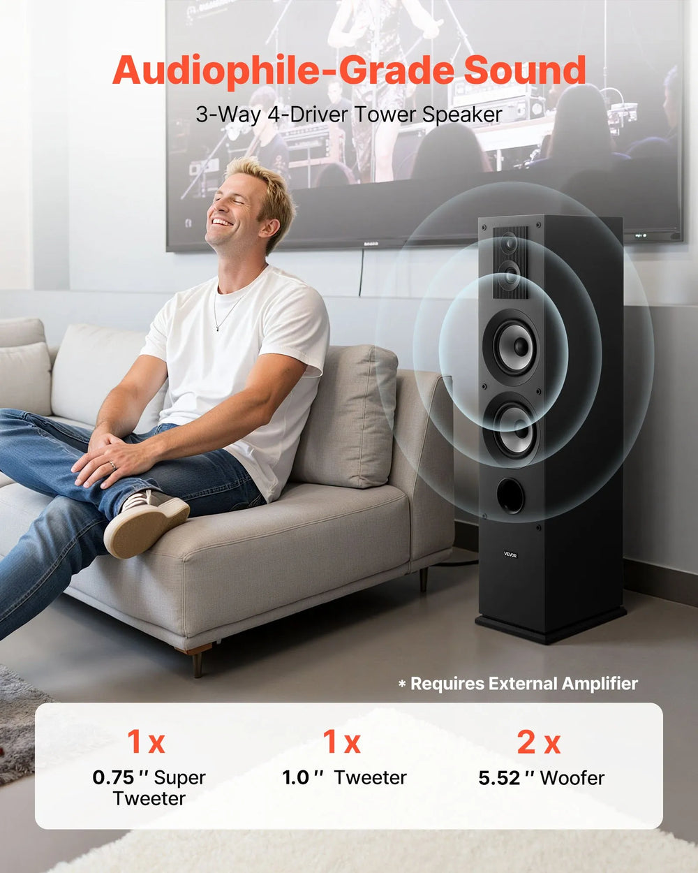 VEVOR floorstanding speakers lifestyle image (audiophile-grade sound)