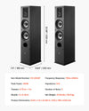 VEVOR floorstanding speaker dimensions and key specs infographic