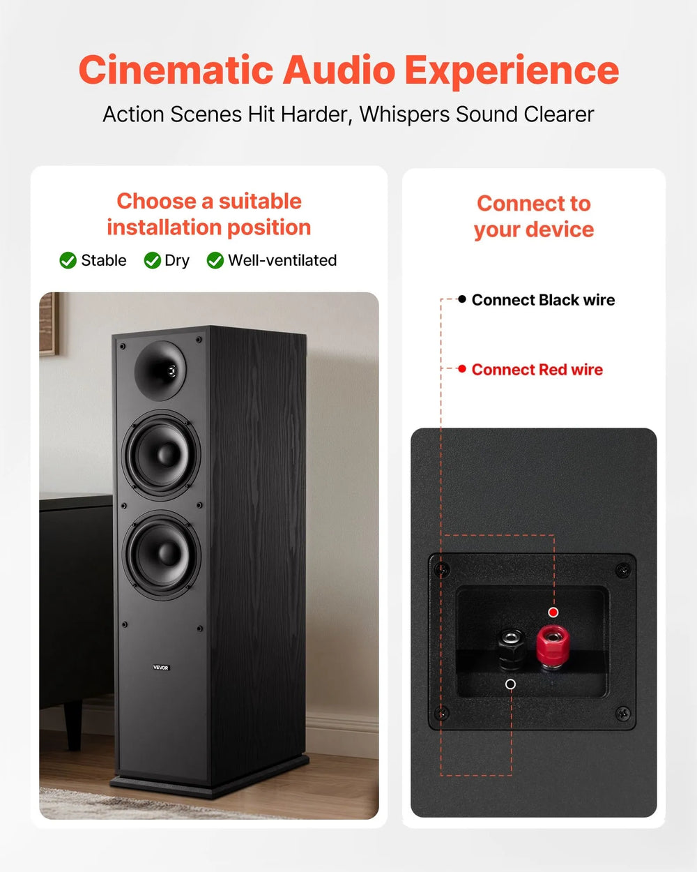 VEVOR speaker setup and wiring connection guide image