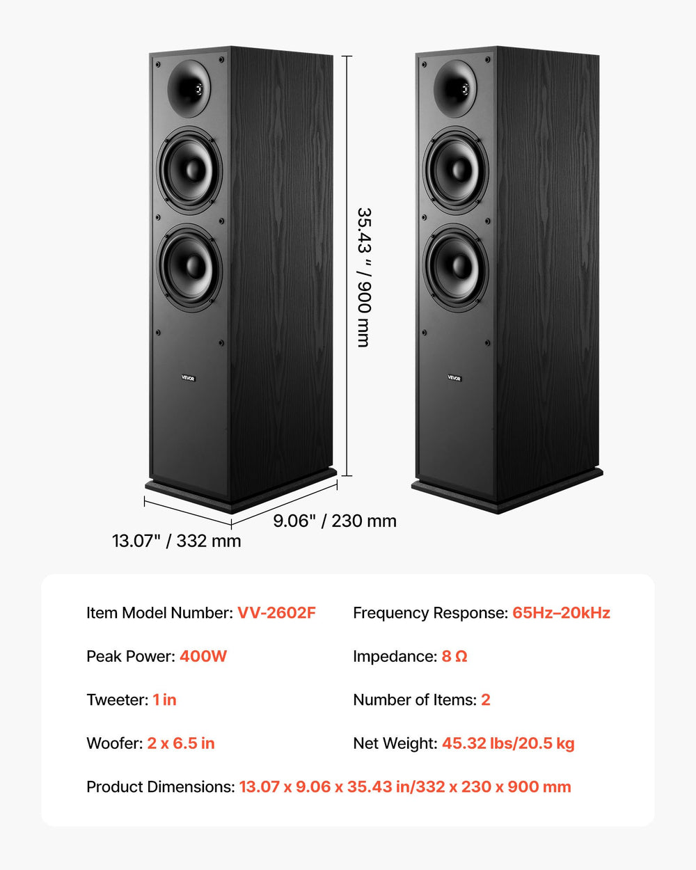 VEVOR floorstanding speakers dimensions and specs graphic