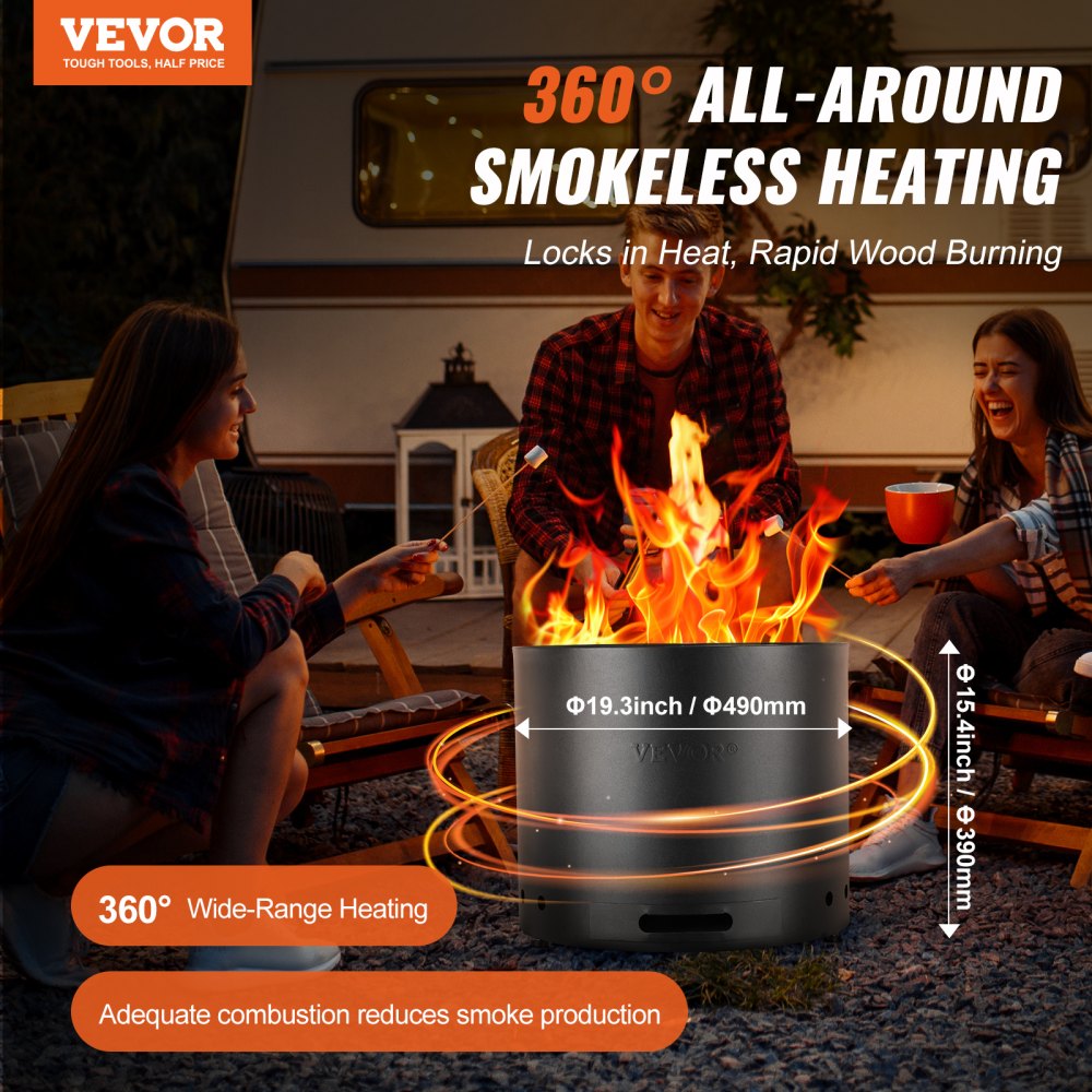 VEVOR Smokeless Fire Pit Stove Bonfire, H: 15.4 in x Dia: 19.3 in ,Wood Burning Fireplaces with Removable Ash Pan, SUS430 Stainless Steel inner Portable Outdoor Firepit, for Outdoor Patio Camping