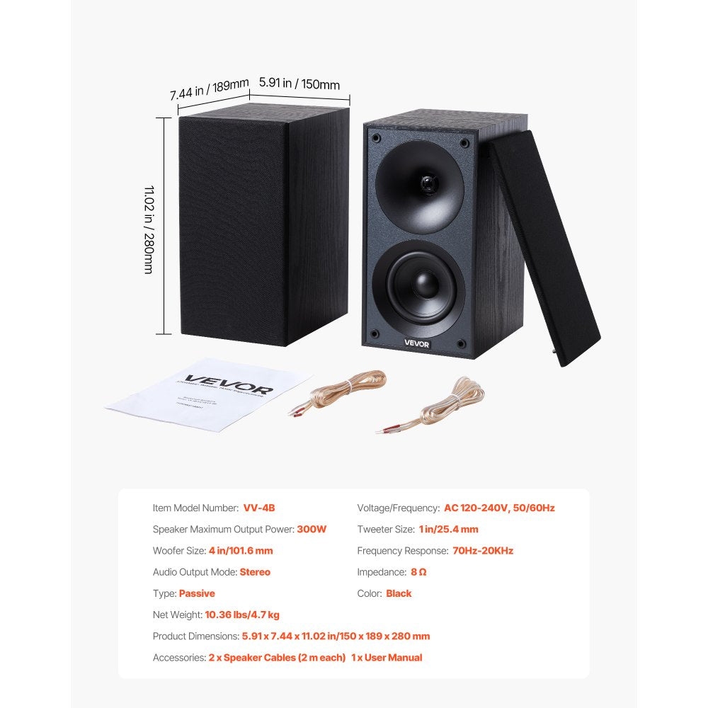 VEVOR Passive Bookshelf Speaker, 300W, Book Shelf Stereo Speakers with 4-Inch Woofer and 1-Inch Tweeter, Detachable Grille, 70Hz-20KHz Frequency Response, Wooden Enclosure, for Home Theater (1 Pair)