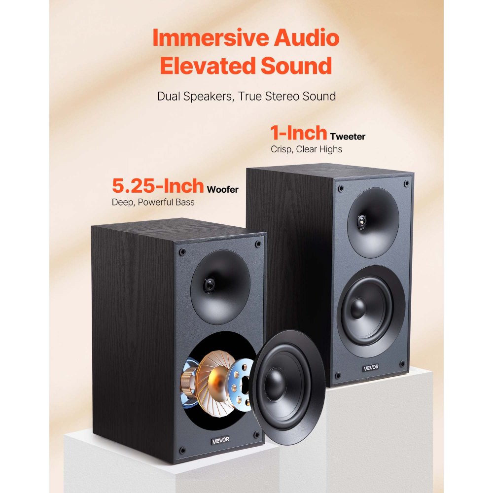VEVOR Passive Bookshelf Speaker, 300W, Book Shelf Stereo Speakers with 5.25-Inch Woofer and 1-Inch Tweeter, Detachable Grille, 65Hz-20KHz Frequency Response, Wooden Enclosure, for Home Theater (1 Pair)