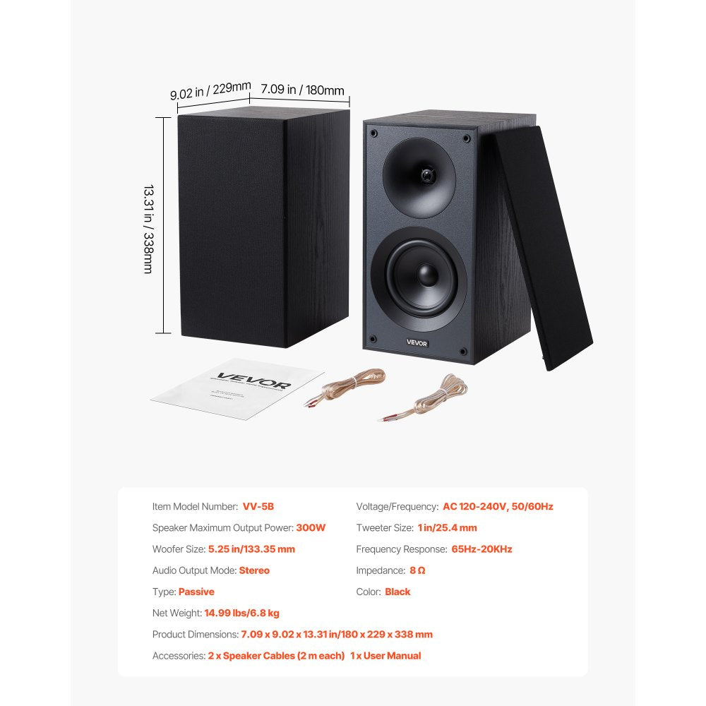 VEVOR Passive Bookshelf Speaker, 300W, Book Shelf Stereo Speakers with 5.25-Inch Woofer and 1-Inch Tweeter, Detachable Grille, 65Hz-20KHz Frequency Response, Wooden Enclosure, for Home Theater (1 Pair)