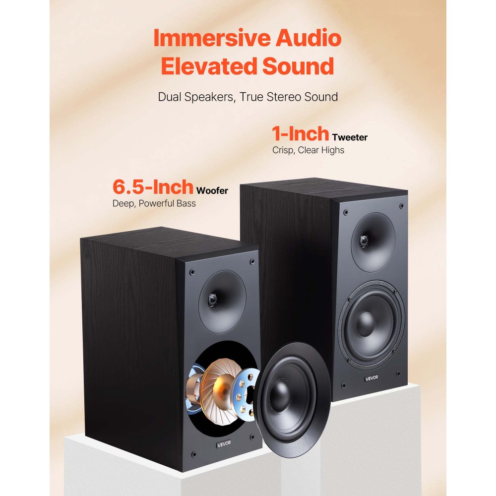 VEVOR Passive Bookshelf Speaker, 300W, Book Shelf Stereo Speakers with 6.5-Inch Woofer and 1-Inch Tweeter, Detachable Grille, 55Hz-20KHz Frequency Response, Wooden Enclosure, for Home Theater (1 Pair)