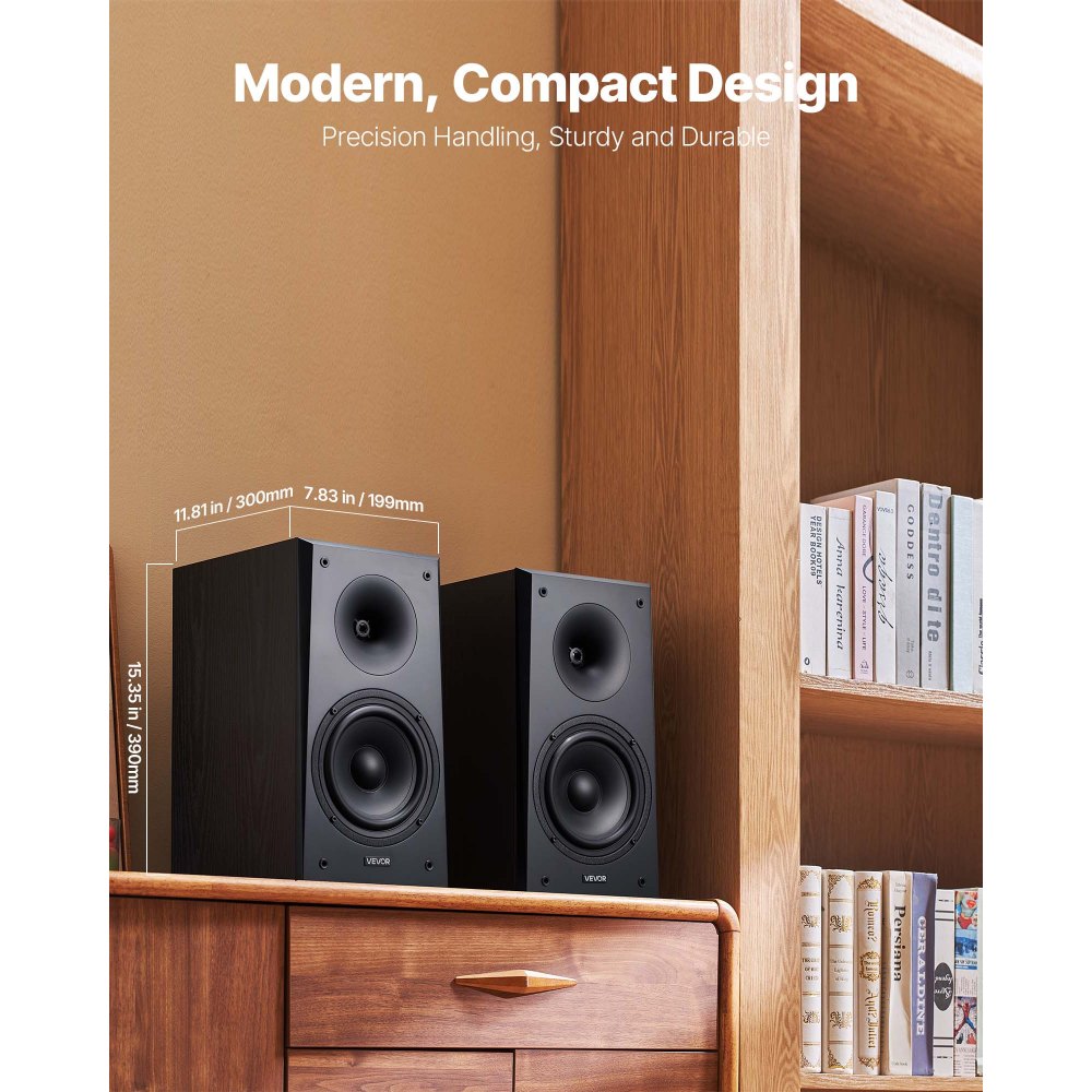 VEVOR Passive Bookshelf Speaker, 300W, Book Shelf Stereo Speakers with 6.5-Inch Woofer and 1-Inch Tweeter, Detachable Grille, 55Hz-20KHz Frequency Response, Wooden Enclosure, for Home Theater (1 Pair)