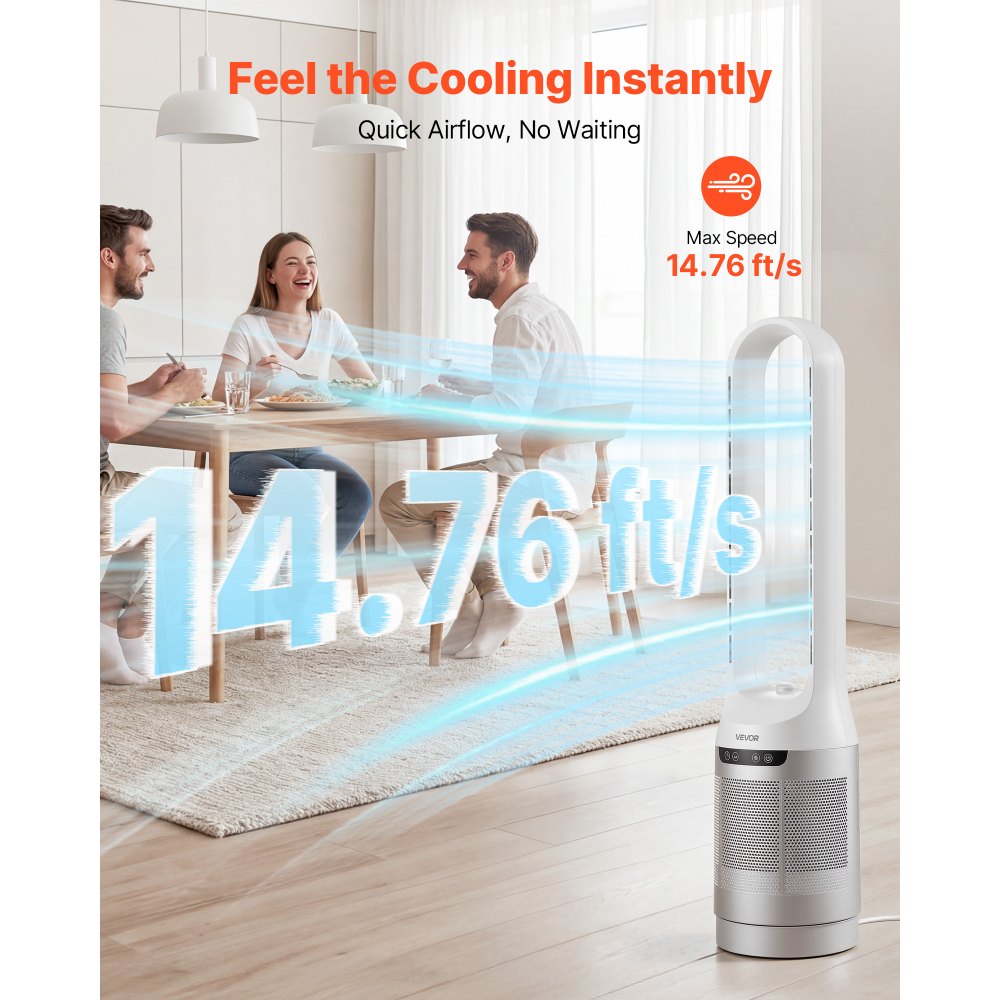 VEVOR Bladeless Tower Fan, 65° Oscillating Standing Fan, 12 Speeds & 4 Modes & 8H Timer, 14.76 ft/s High Velocity Floor Air Circulator, Powerful Airflow for Bedroom, Living Room, Home, Office, White