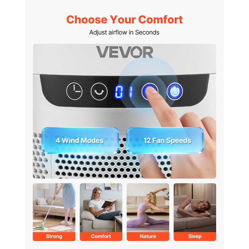 VEVOR Bladeless Tower Fan, 65° Oscillating Standing Fan, 12 Speeds & 4 Modes & 8H Timer, 14.76 ft/s High Velocity Floor Air Circulator, Powerful Airflow for Bedroom, Living Room, Home, Office, White
