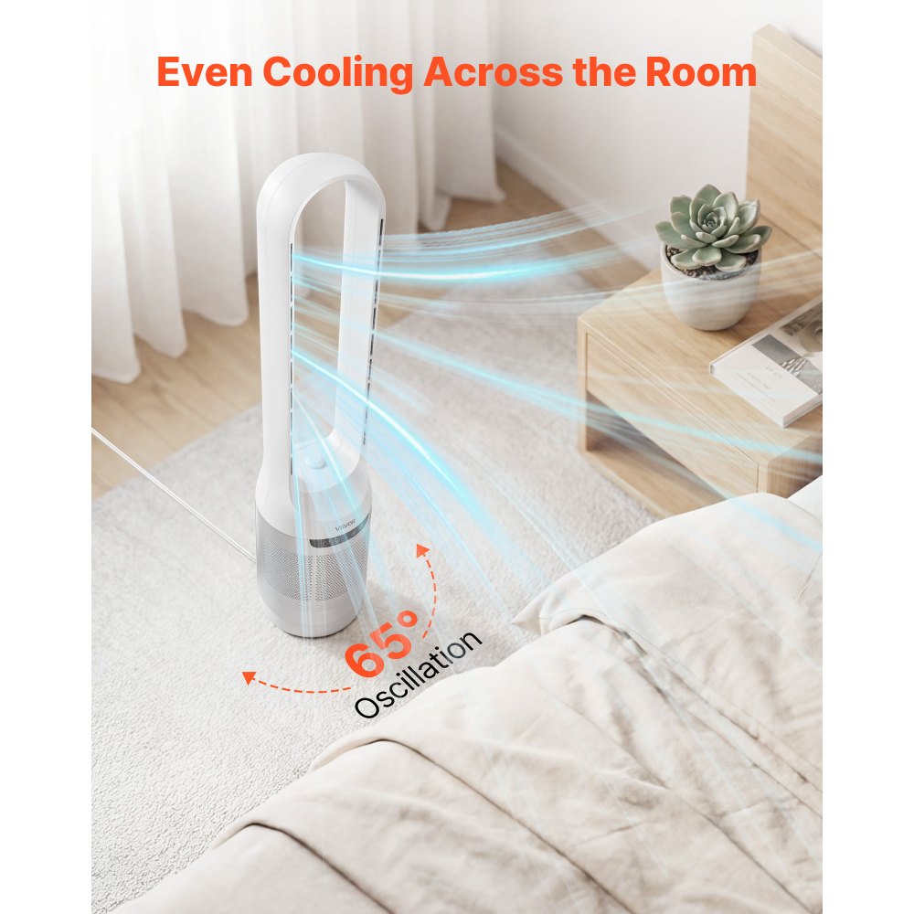 VEVOR Bladeless Tower Fan, 65° Oscillating Standing Fan, 12 Speeds & 4 Modes & 8H Timer, 14.76 ft/s High Velocity Floor Air Circulator, Powerful Airflow for Bedroom, Living Room, Home, Office, White