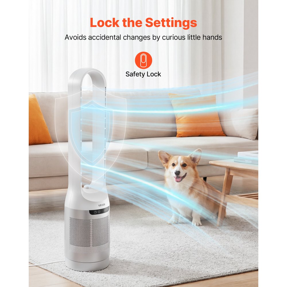 VEVOR Bladeless Tower Fan, 65° Oscillating Standing Fan, 12 Speeds & 4 Modes & 8H Timer, 14.76 ft/s High Velocity Floor Air Circulator, Powerful Airflow for Bedroom, Living Room, Home, Office, White