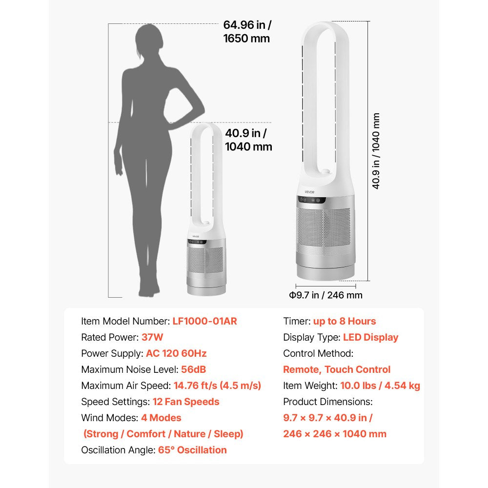 VEVOR Bladeless Tower Fan, 65° Oscillating Standing Fan, 12 Speeds & 4 Modes & 8H Timer, 14.76 ft/s High Velocity Floor Air Circulator, Powerful Airflow for Bedroom, Living Room, Home, Office, White