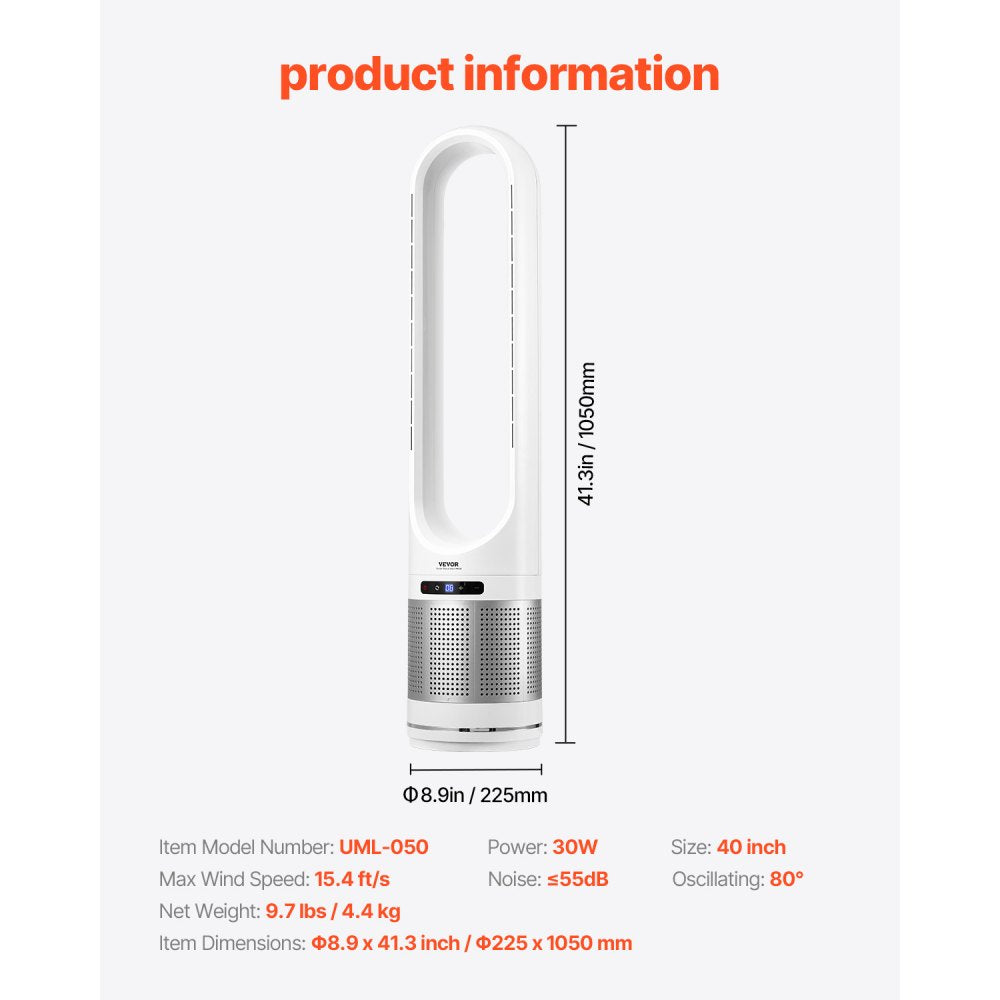 VEVOR Tower Fan Bladeless, 15.4ft/s Velocity Floor Fan that Blows Cold Air, 80° Oscillating 8-Speed Fans, 8H Timer, Standing Fans with H13 HEPA Filtration, Remote Control & Air Purification Mode