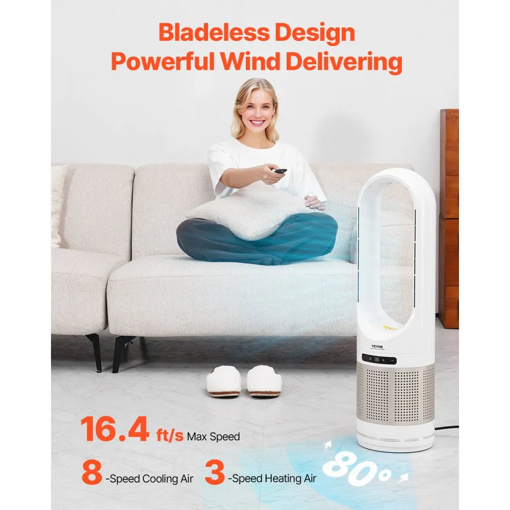 VEVOR Tower Fan Bladeless, 16.4ft/s Velocity Floor Fan that Blows Cold Air, 80° Oscillating 8-Speed Fans, 8H Timer, Standing Fans with H13 HEPA Filtration, Remote Control & Air Purification Mode