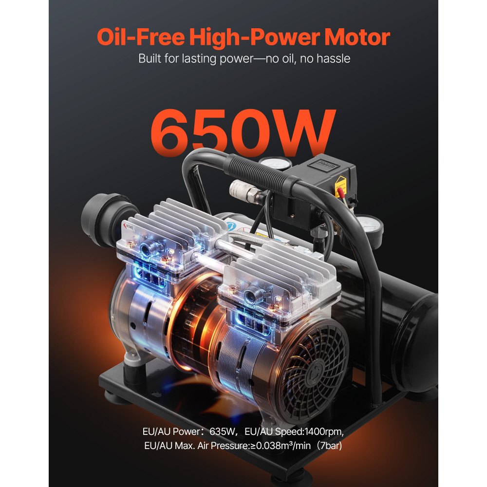 VEVOR Air Compressor, 1 Gallon Steel Tank, 1HP 1.5 CFM 90PSI Oil Free Air Compressor & Max. 120PSI Pressure, 78dB Ultra Quiet Portable Compressor, for Auto Repair, Tire Inflation, Spray Painting