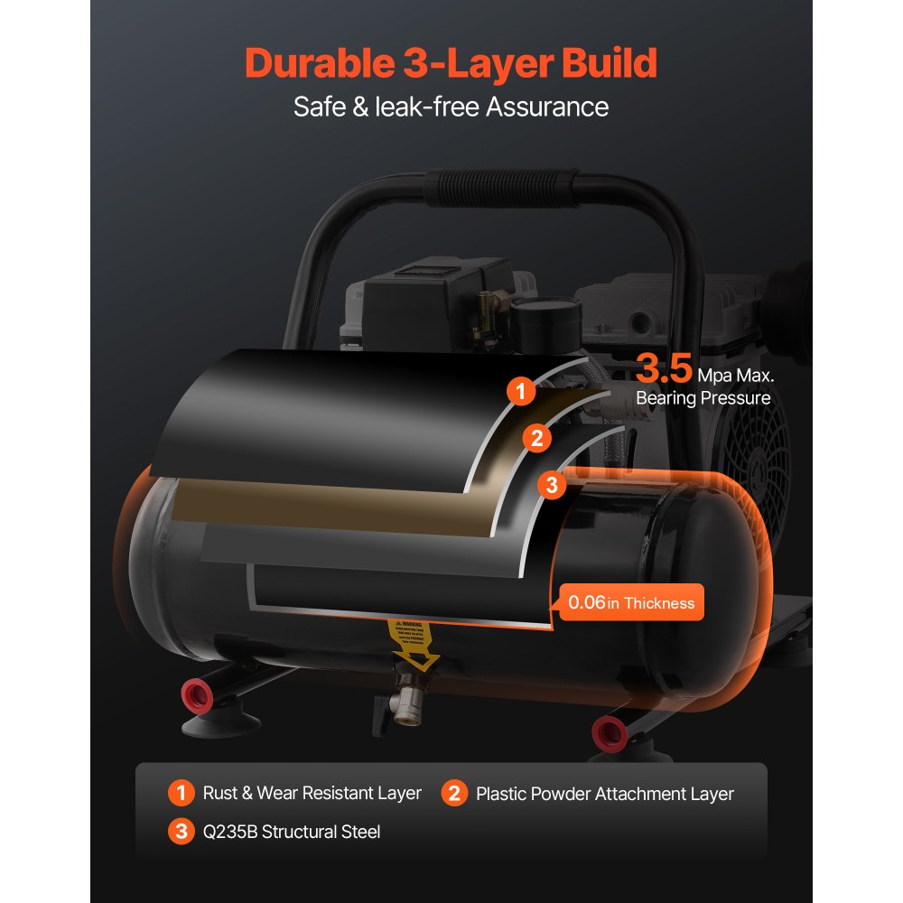 VEVOR Air Compressor, 1 Gallon Steel Tank, 1HP 1.5 CFM 90PSI Oil Free Air Compressor & Max. 120PSI Pressure, 78dB Ultra Quiet Portable Compressor, for Auto Repair, Tire Inflation, Spray Painting