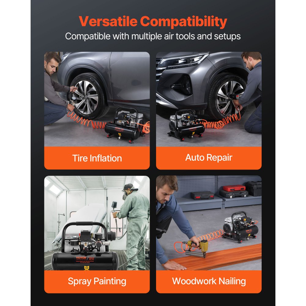 VEVOR Air Compressor, 1 Gallon Steel Tank, 1HP 1.5 CFM 90PSI Oil Free Air Compressor & Max. 120PSI Pressure, 78dB Ultra Quiet Portable Compressor, for Auto Repair, Tire Inflation, Spray Painting