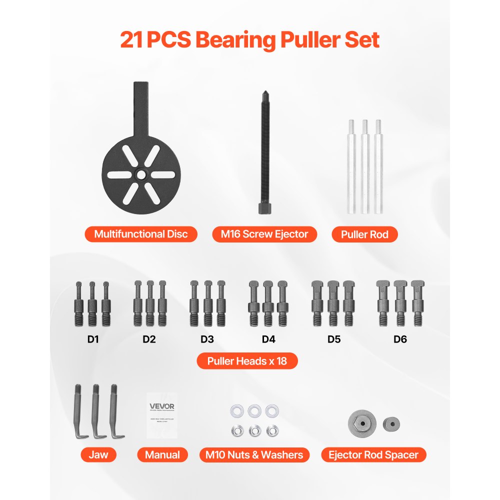 VEVOR 21-in-1 Bearing Puller Set, 21 PCS 3-Jaw Hook Puller for Internal External Bearings and Bearing Without Inner Shaft, Multifunctional Bearing Removal Tool with Heavy Duty Portable Storage Case