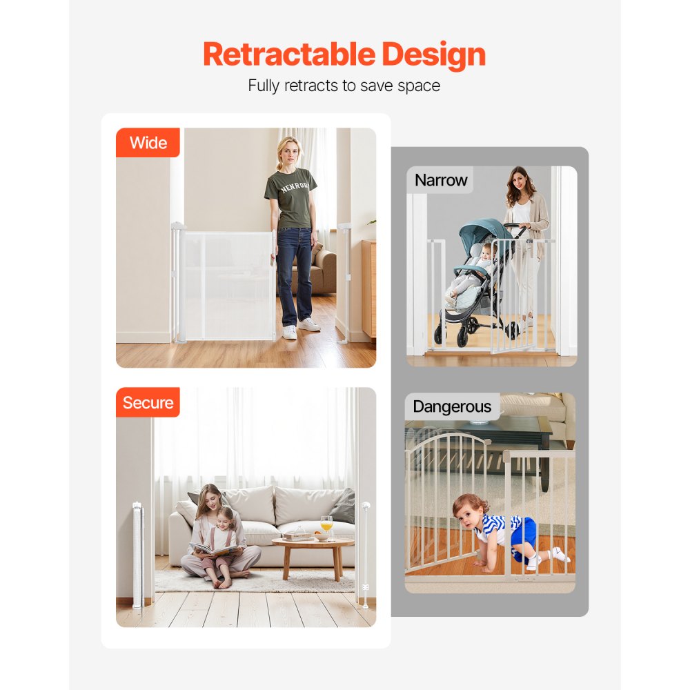 VEVOR Retractable Baby Gate, 34 inch Tall, Extends up to 110 inch Wide, Retractable Gate for Kids or Pets, Mesh Material, Easy to Install for Indoor Stairs, Doorways, Hallways, Playrooms, White