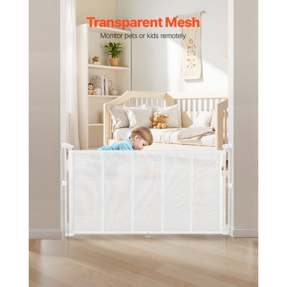 VEVOR Retractable Baby Gate, 34 inch Tall, Extends up to 55 inch Wide, Retractable Gate for Kids or Pets, Mesh Material, Easy to Install for Indoor Stairs, Doorways, Hallways, Playrooms, White