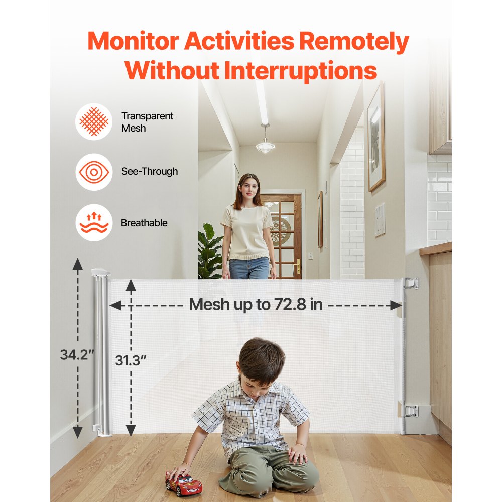 VEVOR Retractable Baby Gate, Extends to 72.8 inch Wide, 31.3 inch Tall, with Security Lock, Easy to Use, Walk Through Without Tripping, Mesh Dog Gate for Stairs, Hallways, Indoor/Outdoor, White