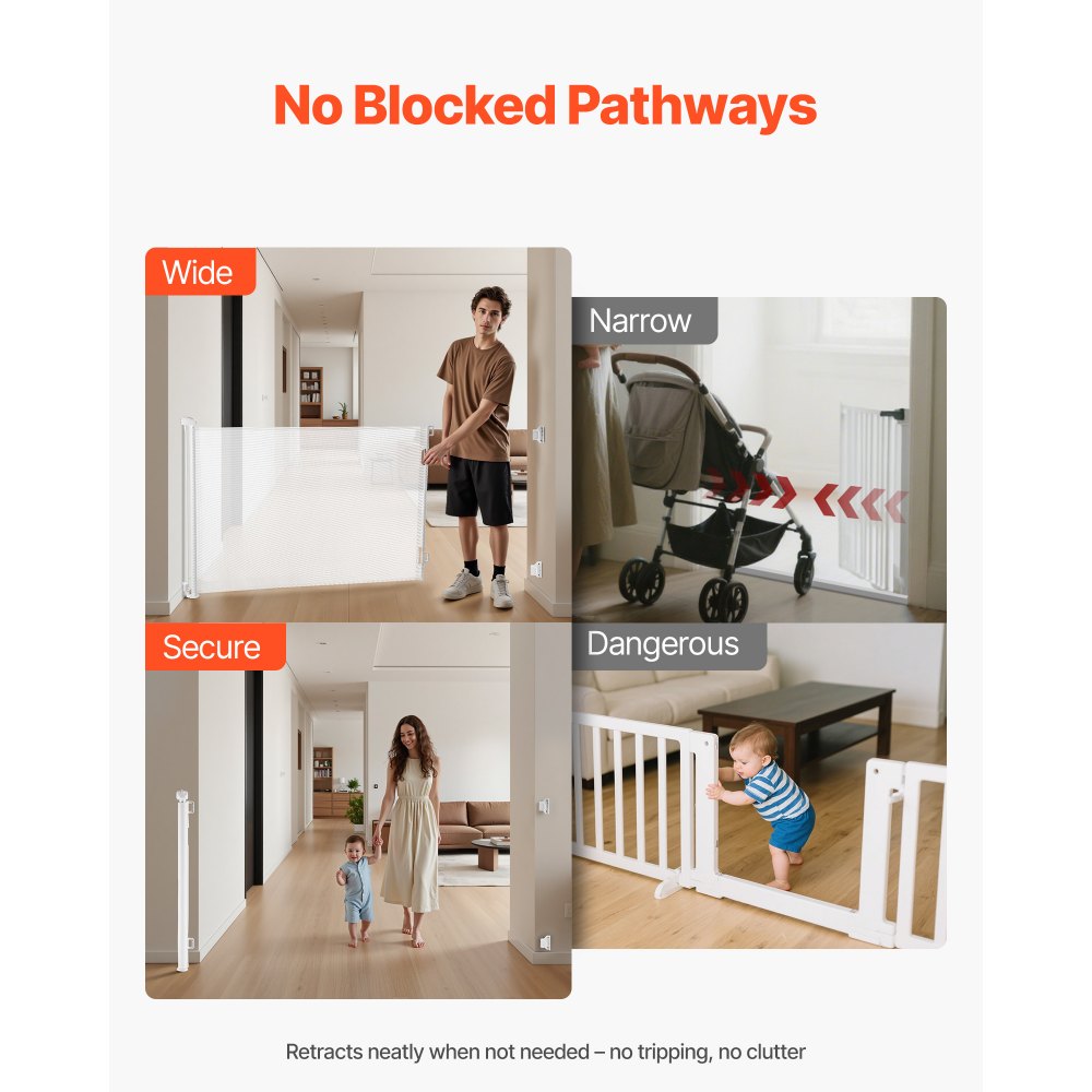 VEVOR Retractable Baby Gate, Extends to 72.8 inch Wide, 31.3 inch Tall, with Security Lock, Easy to Use, Walk Through Without Tripping, Mesh Dog Gate for Stairs, Hallways, Indoor/Outdoor, White